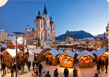 Weihnachtsmarkt vor der Basilika Mariazell.