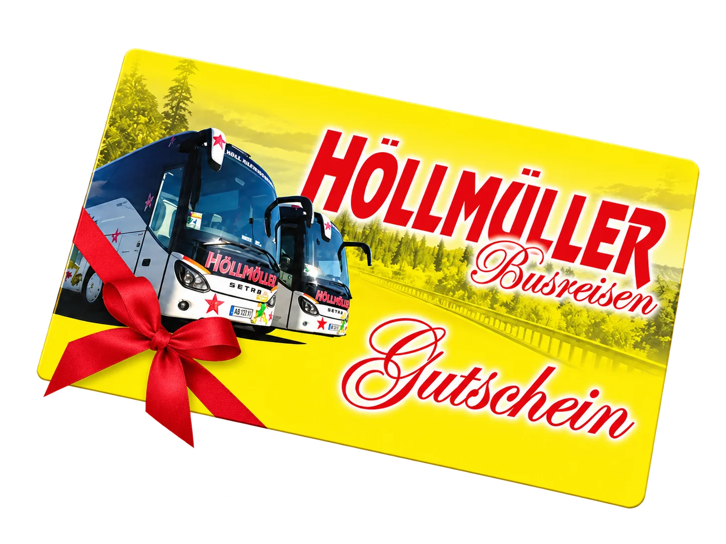 Illustration einer Höllmüller-Gutscheinkarte mit roter Geschenkschleife.