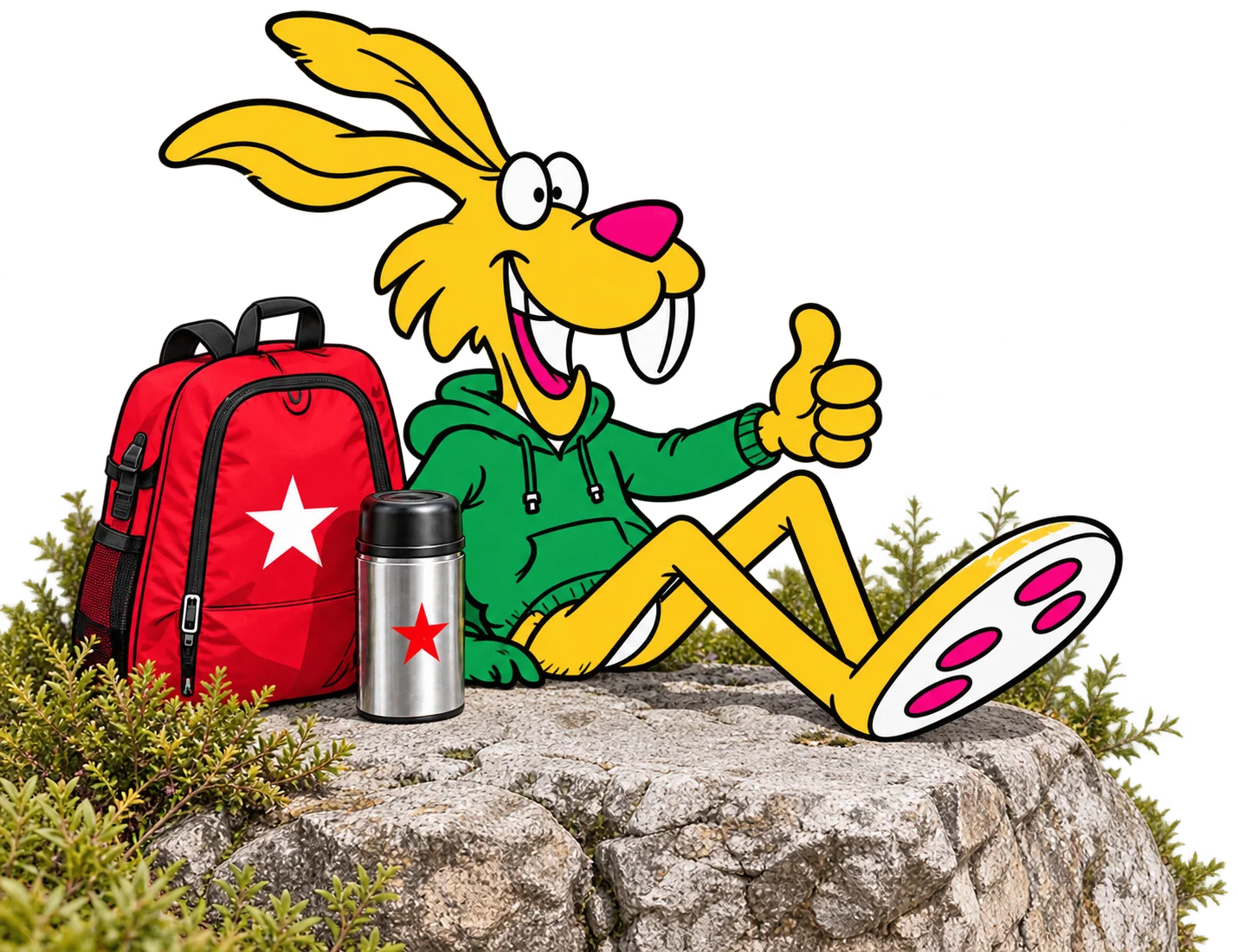 Das Höllmüller-Maskottchen mit Rucksack und Thermoskanne auf einem Felsen.